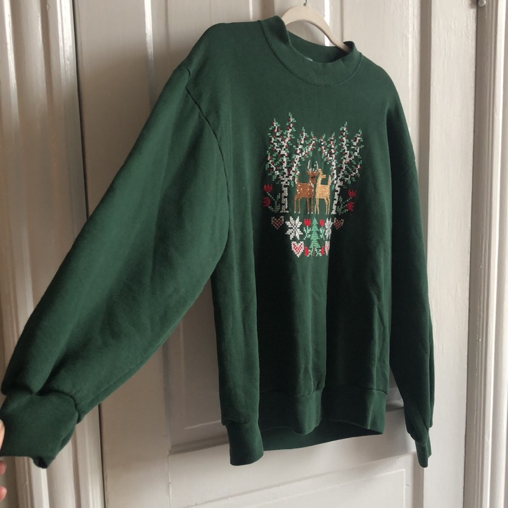 Jerzees Hand Embroidered Vintage Crew Neck Holiday Pullover Sweatshirt Large - Picture 4 of 10